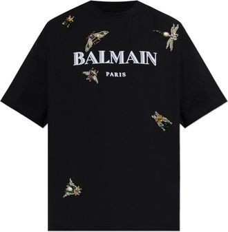 Balmain Logo T-shirt met glinsterende versieringen - Heren - T-shirts - Zwart - XL - Katoen - Tops
