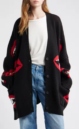 Dressed in Lala Smoking Mouth Oversize Cardigan in Black at Nordstrom, Size Small
