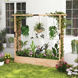 Costway Costway Fir Wood Raised Garden Bed Freestanding Garden Planter Box w/ Trellis in Natural