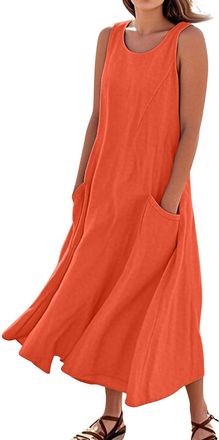 Generic Stretchy Maxi Dresses Summer Cotton Linen Solid Color Crew Neck Sleeveless Dresses Tunic Tank Dress with Pockets Denim Pinafore Dress (Orange, XL)