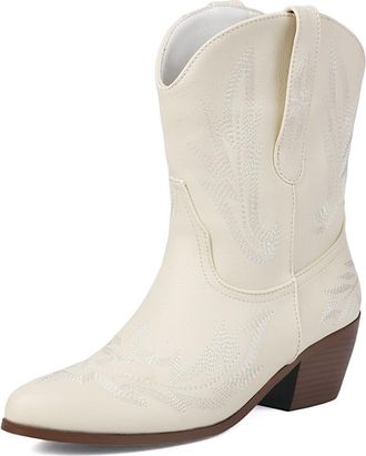 Generic Womens Retro Western Ankle Boots with Embroidery Cowboy Style Pointed Toe Chunky Heels Faux Leather Comfortable Slip Resistant Durable for Casual Dail