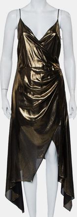 Haney Metallic Gold Lame Faux Wrap Asymmetrical Hem Dress