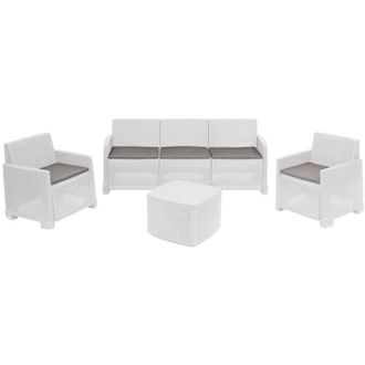 Dmora Dmora - Set salotto da esterno Akay, Composizione da giardino con 2 poltrone, 1 divano e 1 tavolino contenitore, Effetto rattan con cuscini, 100%