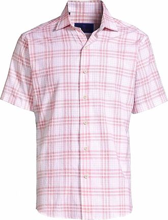 David Donahue Mens Berry Textured Plaid Short Sleeve Shirt In Pink