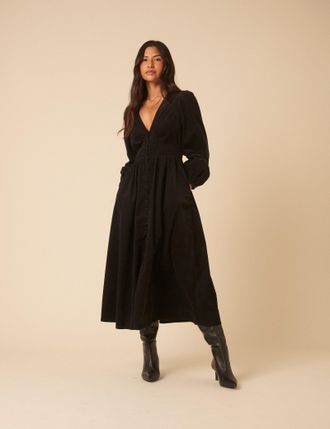 Nobody's Child Black Cord Long Sleeve Riley Midi Dress