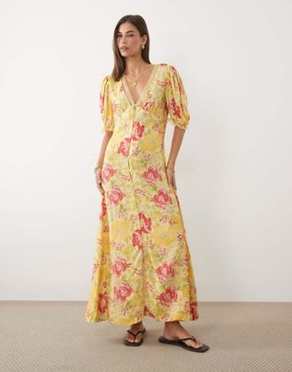 Miss Selfridge Vestito lungo a fiori estivi con finiture in pizzo e bottoni-Multi
