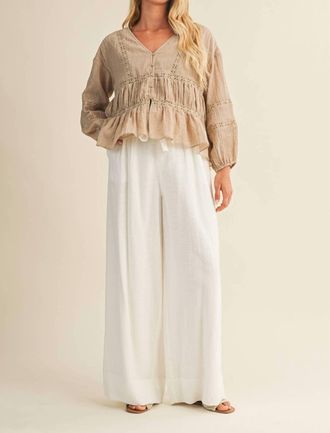 Mustard Seed V Ruffle Neck Blouse In Light Taupe