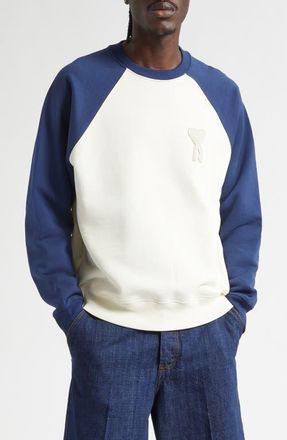 Ami Ami de Coeur Boxy Colorblock Baseball Sweatshirt in Blanc Creme/Encre at Nordstrom, Size X-Large