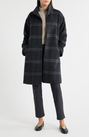 Eileen Fisher Plaid Stand Collar Alpaca & Wool Blend Coat in Charcoal at Nordstrom, Size X-Large