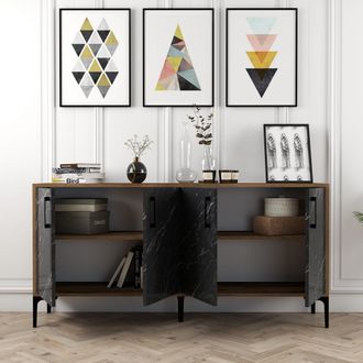 Dmora Aparador Sinopoli, Mueble 2 Estantes, 4 Puertas, 4 Compartimentos, 160x35x78h Cm M&aacute;rmol Negro