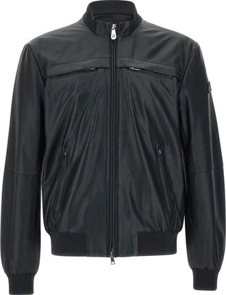 Peuterey Zwarte Leren Jas Ribgebreid - Heren - Jassen - Zwart - Maat: 2XL Leer