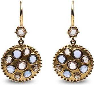 House of Brilliance 18K Gold 1 2/3 Cttw Diamond and Blue Sapphire Gemstone Medallion Dangle Earrings in Yellow at Nordstrom