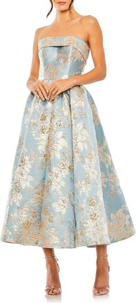 Mac Duggal Strapless Floral Brocade Midi Dress with Pockets in Blue Multi at Nordstrom, Size 14