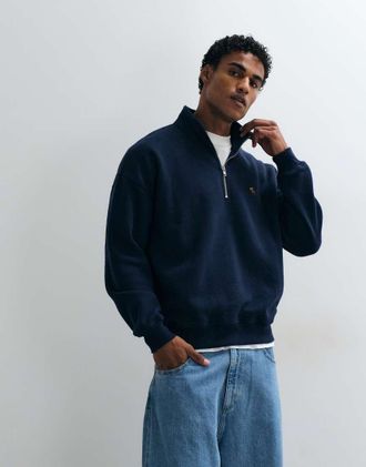 Abercrombie & Fitch felpa oversize con zip a un quarto e logo icon in navy-blu navy