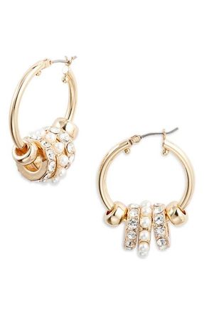 Nordstrom Pav&eacute; Crystal Rondelle Faux Pearl Hoop Earrings in Clear- White- Gold at Nordstrom