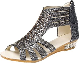 Generic Wedge Sandals Womens Summer Modern Boho Sandals Elegant and Comfortable Peeptoe Sandals Glitter Rhinestones Roman Sandals Hollow Open Toe Summer Shoes