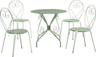Vente-Unique Comedor de jard&iacute;n de metal tipo hierro forjado: una mesa y 4 sillas apilables - verde almendra - GUERMANTES