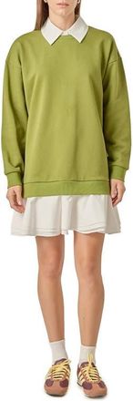 English Factory Long Sleeve Mixed Media Sweatshirt Minidress in Olive/White at Nordstrom, Size X-Small