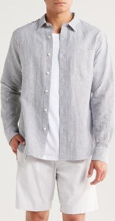 Vince Stripe Linen & Cotton Button-Up Shirt in Coastal/White at Nordstrom Rack, Size Medium