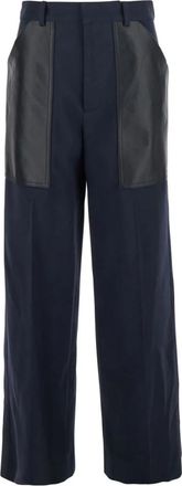 Bottega Veneta Compacte Broek van Wol en Katoen Twill - Dames - Wijde Broeken - Blauw - S - Katoen - Broeken