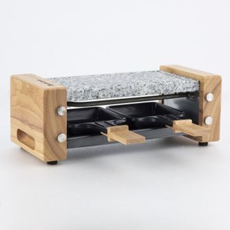 H.Koenig Raclette 2 Personas, Plancha De Piedra Natural, 350 W, Acero Inoxidable, Madera, 2 Sartenes Antiadherentes, Wod2 - Hkoenig