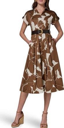 DKNY Floral Belted Stretch Cotton Midi Shirtdress in Cognac/Light Canvas at Nordstrom, Size 10