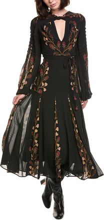 Farm Rio Farm Rio Berry Garden Black Long Sleeve Pleated Maxi Dress