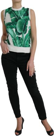 Dolce & Gabbana Womens White Banana Leaf Print Crew Neck Tank Top Silk