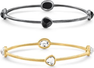 Pompeii3 18K Gold Plated Silver Set Of Two Onyx/Topaz Bangle Bracelet 2mm