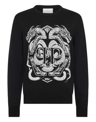 Philipp Plein Embroidered Merino Wool Round Neck Pullover Hexagon Dragon
