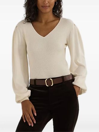 Lauren Ralph Lauren V-neck puff-sleeve top - women - Cotton - S - Neutrals