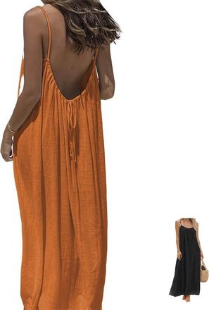 Generic Womens Solid Color Backless Cami Dress, Cami Lounge Dress Backless Casual Sleeveless, Ladies Clothes for Beach (Orange,XL)