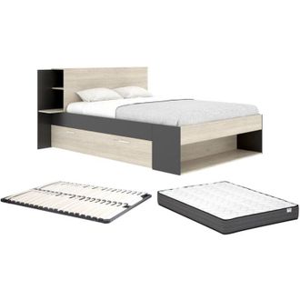 Vente-Unique Vente-unique - Letto 140 x 190 cm Con vani portaoggetti Naturale e Nero + Rete a doghe + Materasso - kerosia