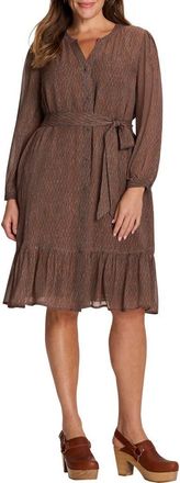 Nic+Zoe Dotty Tie Waist Long Sleeve Georgette Dress in Brown Multi at Nordstrom, Size 3X