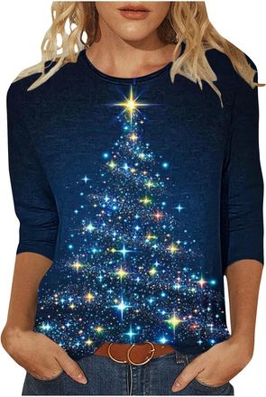 Generic Christmas Tops for Women Novelty Funny Xmas Tees Elk Snowman Print 3/4 Sleeeve Blouse Lightweight Christmas Jumpers Xmas T Shirts Women Holiday Tunic 