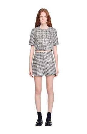 Sandro Sequin houndstooth tweed shorts in Black /White at Nordstrom, Size 40 Eu