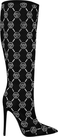 Philipp Plein Schoenen, Dames, Zwart, 40 EU, Satijn, Satijnen Laarzen Hoge Hakken Midden Strass Monogram