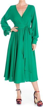 Meghan Fabulous Lilypad Surplice Long Sleeve Wrap Midi Dress in Emerald at Nordstrom Rack, Size X-Large