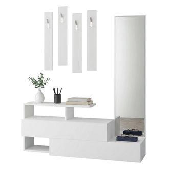 Dmora Mueble De Entrada Ofel, Espejo Incluido, 4 Estantes, Perchero, 137x35x55h Cm Blanco