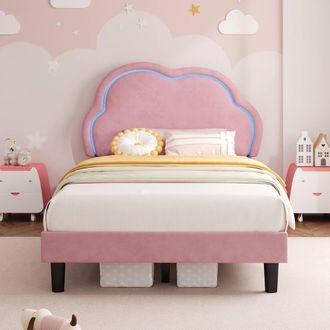 Merax 3ft Single Upholstered Bed with LED Adjustable Cloud Headboard in Pink