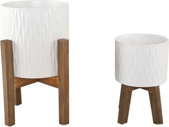 Flora Bunda Set Of 2 Ridged Ceramic Planters On Wood Stands