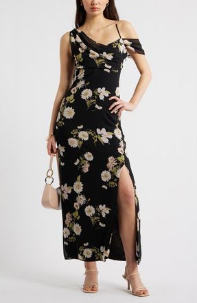 Open Edit Asymmetric Chiffon Dress in Black- Pink Iris Floral at Nordstrom, Size Xx-Small