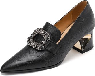 TinaCus Embossed Genuine Leather Womens Pointed Toe Handmade Crystal Buckle Chunky Heels Pumps Shoes, Black, 7 UK