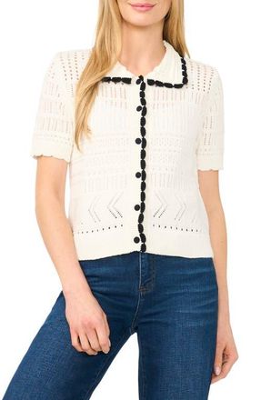 CeCe by Cynthia Steffe Pointelle Knit Cotton Button Front Sweater in Antique White at Nordstrom, Size Xx-Small