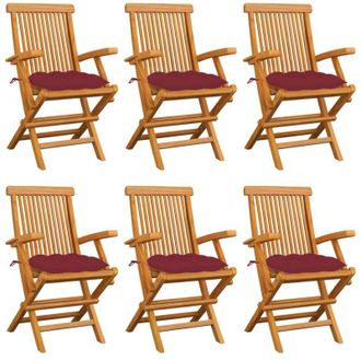 vidaXL Vidaxl - Sillas De Jard&iacute;n 6 Uds Madera Teca Con Cojines Rojo Tinto