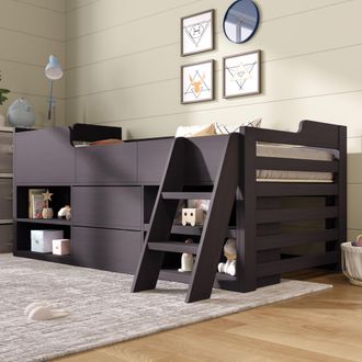 Matteo Cabin Bed Mid Sleeper Bed Frame Storage with Drawers Shelf Storage in Taupe | Size: Single