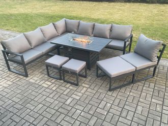 Fimous Aluminium Lounge Corner Sofa Outdoor Garden Furniture Sets Gas Fire Pit Dining Table Set with 3 Footstools in Dark Grey
