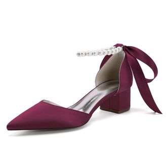 Generic Womens Pointed Toe Wedding Shoes Low Heels Satin Bridal Shoes Chunky Block Heels Comfortable Dance Shoes 4.5Cm,Burgundy,10 UK