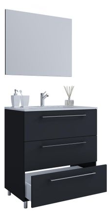 ebuy24 Ebuy24 - Vcm 3 Piezas Lavabo Lavabo Gabinete Inferior Ancho 80 Cm Muebles De Ba&ntilde;o Conjunto De Pie Con Tres Cajones Espejo Badinos (negro)