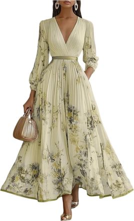 Generic Cocktail Dresses for Women UK,Sexy Chiffon Floral Printed Deep V Neck Wrap Maxi Dress Dressy Casual Long Sleeve A Line Flowy Party Dresses Wedding Gue
